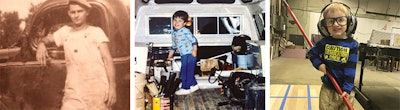 Left, Cody Griffith traces his wood flooring heritage back to his great grandfather, Albert Griffith. Center, Cody Griffith stands in the back of a work truck as a young boy. Right, Griffith's son, Connor, ready for a day of labor.