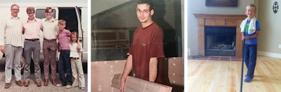 Left, Cash Pyle's grandfather, John Pyle, poses in front of a work van with his sons. Middle, at 15, Pyle installs flooring for his dad. Right, Pyle's son Silas, 8, tacks a floor.