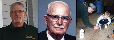 Left, Chris Potts stands in front of the business his grandfather, Frank Duffy, center, founded in 1927. Right, Potts in 1999 helps his son Frank, 3, pound a peg into a floor.