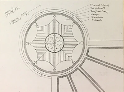 How custom wood flooring designs used to be done: sketched out by hand to scale using a compass and a lot of geometry. The sketch by Chuck Crispin shown above was used to make his first Floor of the Year-winning floor (in 1993), shown below.