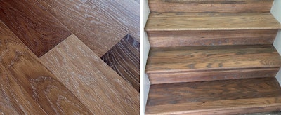 It's only because of modern coloring and finishing technology that Daniel Boone was able to make these existing stairs match the layered color of the prefinished white oak flooring (installed by another contractor), he says.