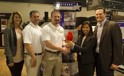 Dalton Wholesale Floors was named top Elite Retailer of 2017 by Armstrong Flooring. Pictured (right to left): Dave McClatchy (Armstrong Residential Director East), Betty Walden (Armstrong Market Manager East), Todd Stephens (Owner), Seth Hunt (General Manager), Alisa Thomas (Marketing Director)