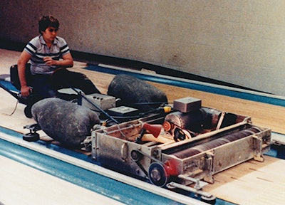 That's me running the G&G Maxi Sander. It was a unique machine because it stripped and leveled the bowling lanes at the same time.