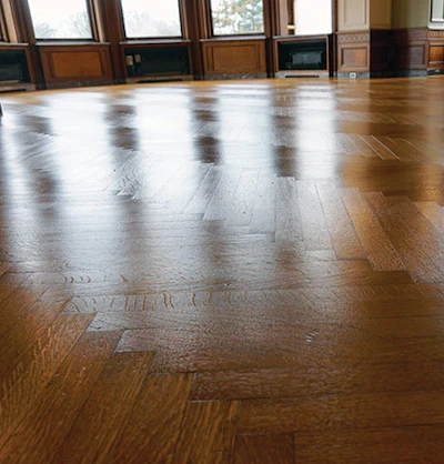 The billiard room after all coatings were removed and hardening oil applied.
