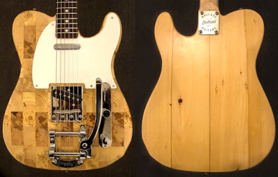 The Detroit Fire Department line of guitars is made from the pine wood floors of the department's former headquarters. Source: Wallace Detroit Guitars