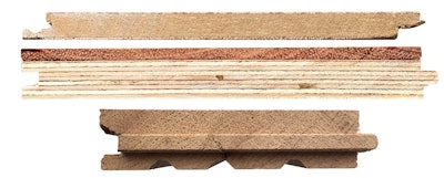 Do your customers understand the realistic expectations for their flooring and its wear layer? At top, one of the newer hybrid-type products that has an actual wood veneer—a wear layer or 0.6 mm—and an HDF core. This product may be (carefully) abraded and recoated. Middle, an engineered wood floor with a 4.2-mm wear layer over Baltic birch plywood; even though it is engineered this floor can be sanded and refinished. Bottom, a solid piece of 3⁄4-inch-thick red oak flooring that can be resanded multiple times by a pro.