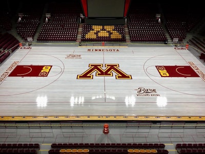 The maple flooring of the historic Williams Arena, AKA “The Barn,” was given a new look by Athletic Performance Solutions over the summer. (Photos courtesy of Michael Blexrud)