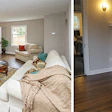 These images are a good example of the common differences between an image created by a professional photographer with professional equipment (on the left) and a quick snapshot with a new cell phone (on the right). Most apparent is the use of lighting in the professional image, which gives an accurate representation of the color and texture of not only the floor, but also the walls and room furnishings. In addition, the professional image shows the correct vertical alignment of the walls. In the phone image, the lines that are vertical in real life (doorways, corners, etc.) appear distorted and angled. Finally, the white balance has been corrected in the professional image—in other words, what is supposed to be white is actually white (not blue or yellow).
