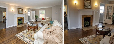 These images are a good example of the common differences between an image created by a professional photographer with professional equipment (on the left) and a quick snapshot with a new cell phone (on the right). Most apparent is the use of lighting in the professional image, which gives an accurate representation of the color and texture of not only the floor, but also the walls and room furnishings. In addition, the professional image shows the correct vertical alignment of the walls. In the phone image, the lines that are vertical in real life (doorways, corners, etc.) appear distorted and angled. Finally, the white balance has been corrected in the professional image—in other words, what is supposed to be white is actually white (not blue or yellow).