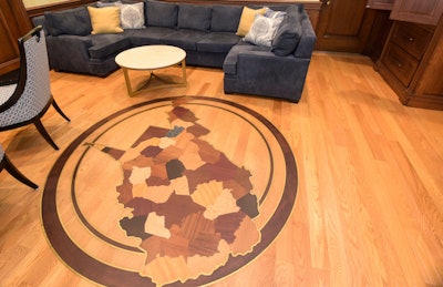 This wood floor medallion was among several controversial expenditures made by the West Virginia Supreme Court. (WV Legislative Photography/Perry Bennett)