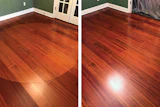 Light speeds up the process of wood darkening in color—a change that would happen eventually with or without light. Here you can see a Brazilian cherry floor that shows where an area rug was, and the same floor after sanding. (Photos courtesy of Dawson Hardwood Floors)