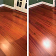 Light speeds up the process of wood darkening in color—a change that would happen eventually with or without light. Here you can see a Brazilian cherry floor that shows where an area rug was, and the same floor after sanding. (Photos courtesy of Dawson Hardwood Floors)
