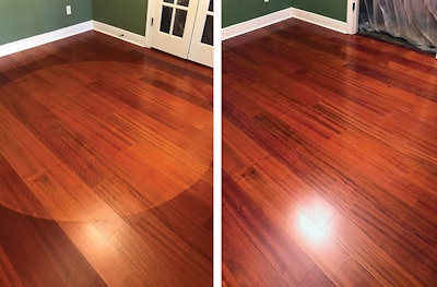 Light speeds up the process of wood darkening in color—a change that would happen eventually with or without light. Here you can see a Brazilian cherry floor that shows where an area rug was, and the same floor after sanding. (Photos courtesy of Dawson Hardwood Floors)