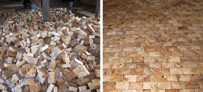These pine end-grain blocks were mixed to ensure variety of patterns and color and acclimated on-site before being installed at the Lawrence Barn Community Center in Hollis, N.H.