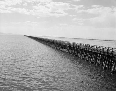 The Lucin Cutoff's railroad trestle pictured in 1971 (Library of Congress)