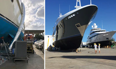When yachts are in dry dock you really get a sense of how huge they are. I try to avoid working on yachts when they are in dry dock as opposed to being in the water, because the usual HVAC systems are not operational and there are usually many trades trying to get things done as quickly as possible—more like a typical job site. In the photo at left you can see the temporary HVAC system they use during dry dock; it's basically like a regular household AC system on wheels that's run in through a door or window.