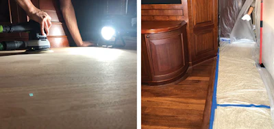 Even when doing a complete refinish we use only hand-sanders, but they cut surprisingly well to bare wood once you find the right combination of abrasives with the right sequence. To better control the environment on this job, we had to tent off the entire area where we were working.