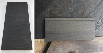 Left, this was the control sample that was approved for the project. It is only one piece of wood a couple inches wide. 'This is the color we have approved for the floor,' is what we were told when the sample was cut from one of the larger samples and handed to me. Center, that top piece of wood was the timber cladding on the house walls and ceilings, and they wanted the floor to blend with this. The only difference is that the cladding was stained spotted gum, and so our oak was going to look different even if I used the same color. Below the spotted gum cladding is the oak stained to blend with the sample.