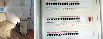 Above left, when I run my 220 sanding equipment, I can just plug it into the wall. Above right, all breaker boxes in Finland look like this; I always take a photo of it before I start the job so it's easy to see what I tripped.