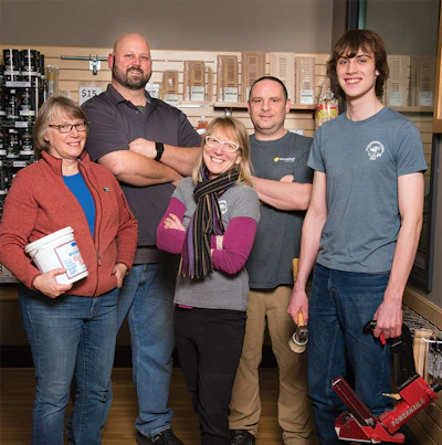 Kadee Macey (center), Pete's Hardwood Floors, St. Paul. On owning a wood flooring business: 'The number of people who assume I'm here because it's my husband's business, that I can't get away from. My husband is a banker, but everybody—equally men and women—assume he's a flooring installer.'