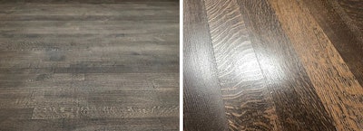 Above left, the chatter marks showed up perfectly perpendicular to the floor, even when the big machine was run at an angle to the floor. Above right, the final result after sanding with a multi-head sander.