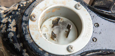 This big machine shows damage from a loose/worn out plug, causing arcing, and needs to be replaced.