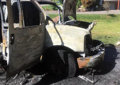 The fire in Abramo's van burned so hot the steering wheel melted off.