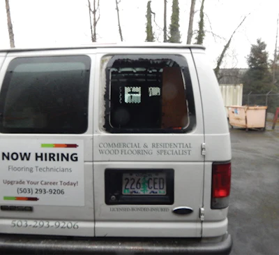(Top photo, and above) Doug Lux awoke to find four of his vans were smashed in a robbery.
