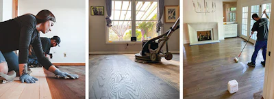 Many consumers are confused about the staining and finishing process: Stain is applied first, usually either with rags (at left) or with a buffer (center), and must dry completely before finish is then applied (at right). (Photos courtesy of, left to right, Staci Martinez, Sydney Lebarron and Daniel Reddy.)