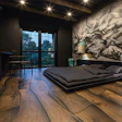 The live-edge floors in this Ukranian project are from wood estimated to be 500 years old.