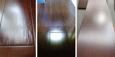 This strand bamboo floor shows structural damage (left) and the appearance of film in the finish (middle) from repeated steam mop use. A new uninstalled piece is shown at right. (All photos courtesy of Roy Reichow)
