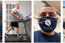 At left is a screen shot from the video of me waking up after 23 days in a coma. Three months later, it was incredibly difficult, but I was able to run a mile on the treadmill. Although I still have a hard time breathing through a mask, on Sept. 12 I was able to run the virtual Boston Marathon with my rucksack.