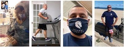 At left is a screen shot from the video of me waking up after 23 days in a coma. Three months later, it was incredibly difficult, but I was able to run a mile on the treadmill. Although I still have a hard time breathing through a mask, on Sept. 12 I was able to run the virtual Boston Marathon with my rucksack.