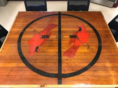 The 1950s gym flooring was made into a conference table at Bridge City High School (Photo: Bridge City High School Facebook)