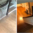 A before and after of the refinished 100-year-old white oak floor.