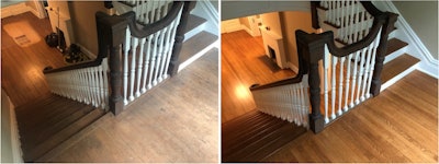 A before and after of the refinished 100-year-old white oak floor.