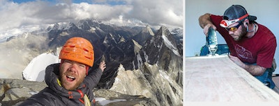 Two different lives: At left, a selfie on the summit of Daugou East (elevation 5,462 m/17,920 feet) at Siguniang National Park in Sichuan, China. At right, working on a live-edge install in Charleston, W.Va.