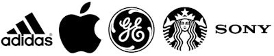 Logos can come in many forms, including, from left to right, a combination mark, classic icon, lettermark, emblem and word mark.