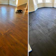 The historic floor at left was in rough shape when wood floor pro Eric Cohen first arrived on site.