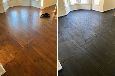 The historic floor at left was in rough shape when wood floor pro Eric Cohen first arrived on site.