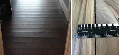 I've seen so many floors that were installed at an extreme of the seasons, which can result in failures when seasons change. On the right, solid floors that were installed with a high moisture content can result in large gaps that don't disappear with seasonal changes. At left, flooring that was installed with a very low moisture content can cup when it experiences the prolonged high humidity of summer.