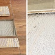 Common problems with glue-down installations: Left, destructive testing showed this installer used the wrong trowel. Right, the subfloor was not flattened before installation.