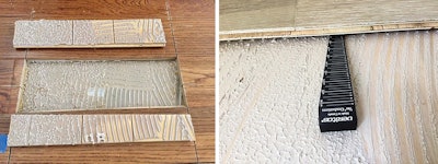Common problems with glue-down installations: Left, destructive testing showed this installer used the wrong trowel. Right, the subfloor was not flattened before installation.