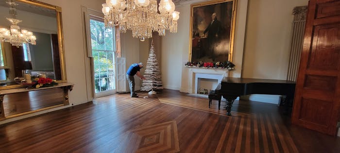 Scraps of antique flooring left over from jobs are now being crafted into Christmas trees by Washington, D.C.-based Universal Floors. This one is at the Decatur House, home to the White House Historical Association.