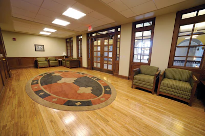 This wood floor in a dean's office on Ayres Hall's third floor comprises 100-percent salvaged solid beech.