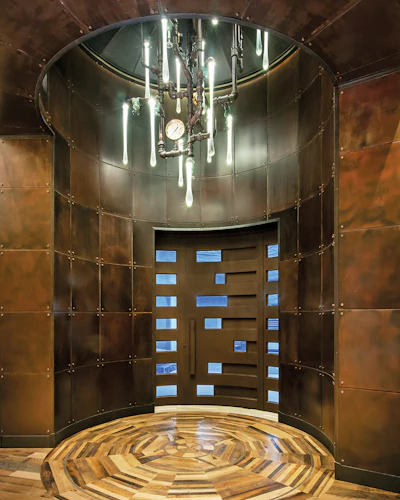 The 11-foot-wide medallion in the entry of the home features more than 200 pieces of wood.