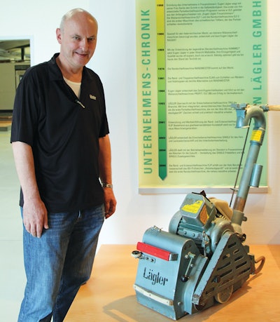 Karl Lägler with one of the first Hummel belt machines ever produced.