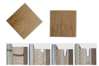 Figure 3: Top views and cross-sections showing grain directions and groove geometries (0-mm, 4-mm and 8-mm rectangular groove, 9-mm groove with rounded base) of tested specimens. The tiles to which the specimens were bonded prior to the environmental tests can be seen on the left-hand side of each cross-section.