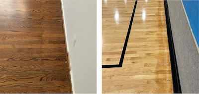 Halo two ways: left, on a residential job, and right, on a gym job. No matter where it happens, it’s the result of not blending the scratch patterns from the field and the edges.