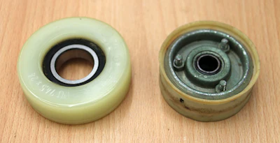 New big machine wheels (an example is on the left) typically are in the range of $60—$75 each. Undoubtedly, the owner of the wheel on the right shouldn't have waited so long to get his replaced! (And, to ensure even sanding, a machine's wheels should all be replaced at the same time.)